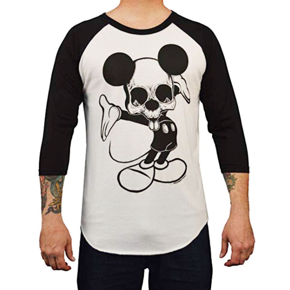 Men's Ta Da Mickey Mouse Skeleton White and Black Baseball Shirt S-M-L-XL-XXL - Picture 1 of 3